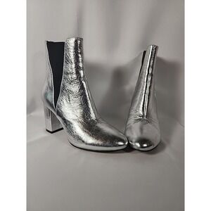REBECCA MINKOFF Silver Serena Block Heel Slip On Leather Chelsea Booties Women 6
